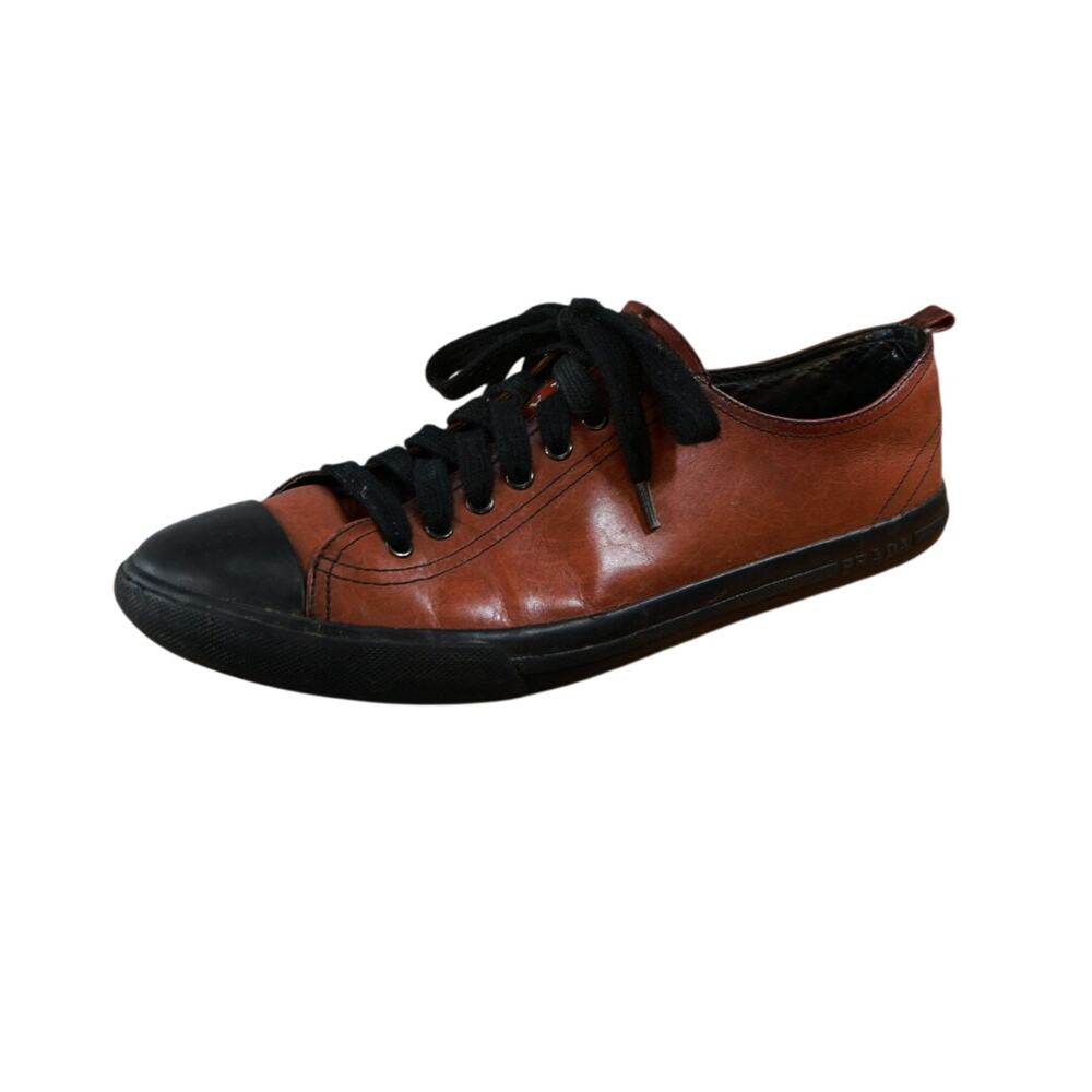 Prada 4E2550 Men’s Leather Low Top Sneakers Black Cap Toe Lace Up
